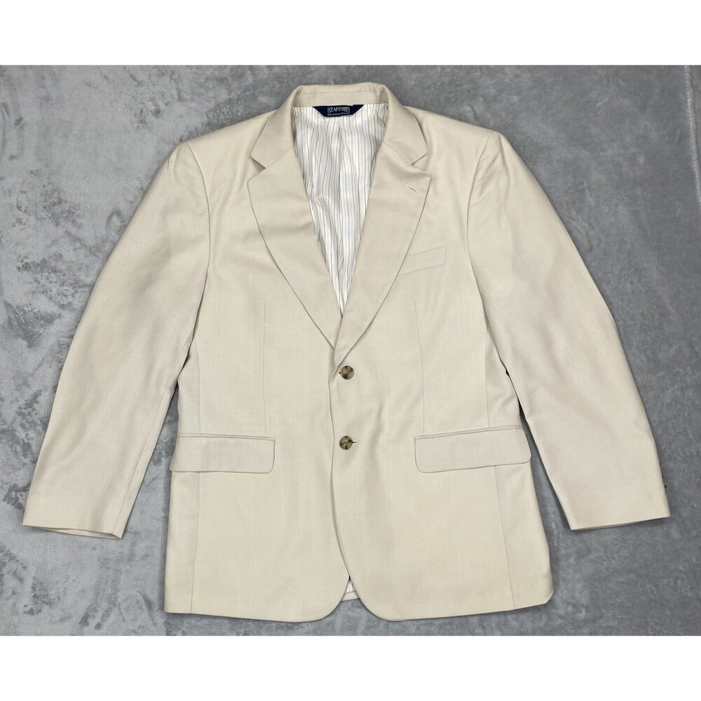 Stafford Men's 40S Beige Cream Polyester Two-Button Blazer Sport Coat Jacket